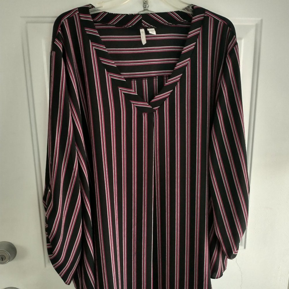 Est. 1946 Black, pink, and white striped blouse.